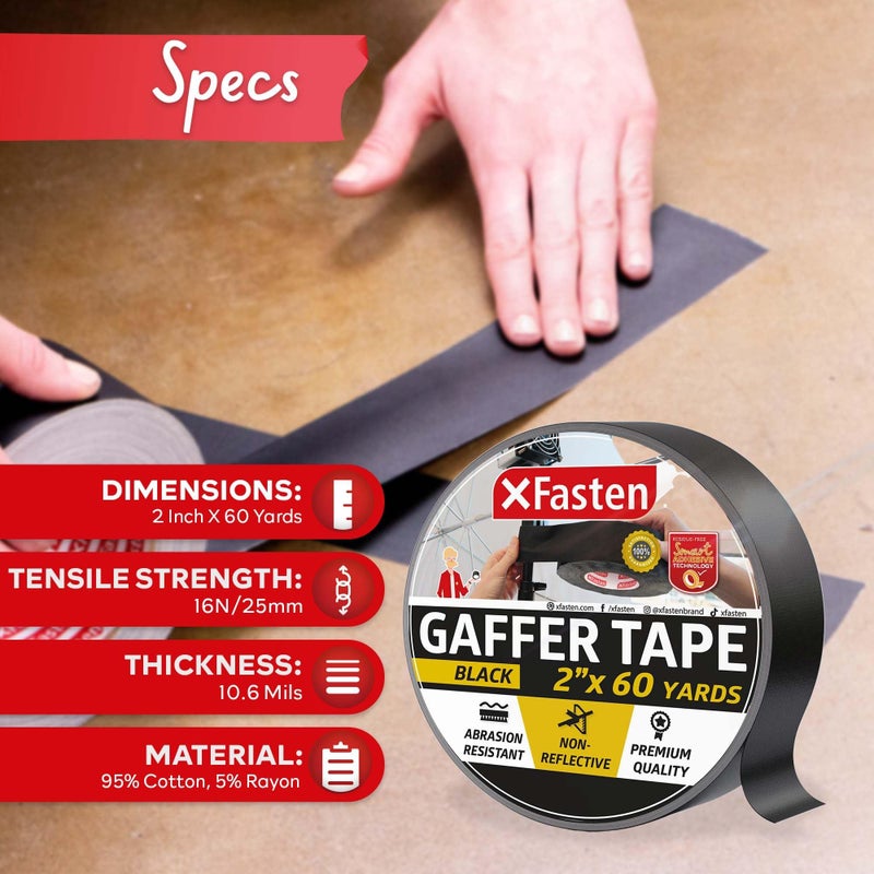 XFasten Black Gaffers Tape 2 Inch x 60 Yards (180 Feet) Residue-Free Matte Black Gaff Tape 2 Inch, Non-Reflective, Easy-to-Tear, Strong Adhesion for Floor Marking, Electrical Cords, Photography - Image 2